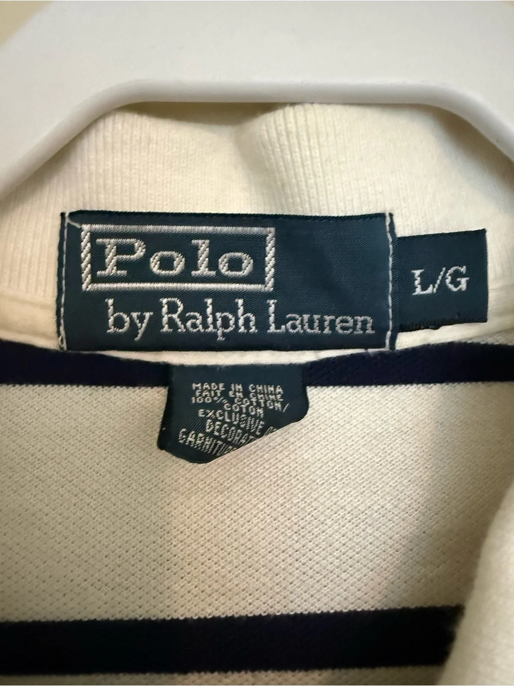 Ralph Lauren White Polo Shirt with Navy Stripes and Green Pony